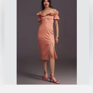 Anthropologie Orange Off-Shoulder Puff Sleeve Midi Dress